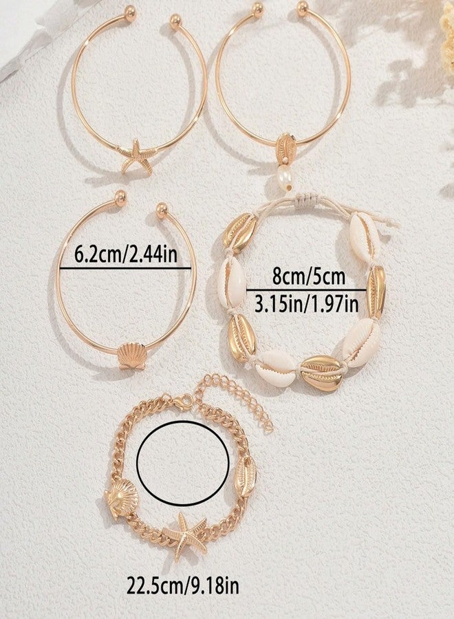 TACBSP Gold Shell Starfish Bracelet for Women Seashell Pearl Stack Bracelet Boho Starfish Beach Cuff Bracelets Trendy Summer Surfer Ocean Beach Jewelry Gift (5Pcs) - Image 3